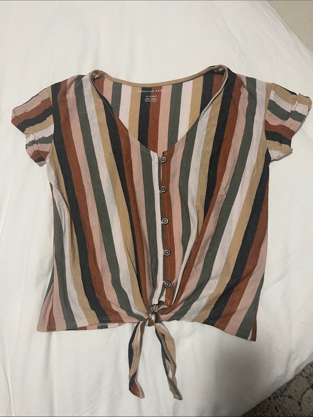 American Eagle Outfitters Rust Multi-Stripe Tie-Front Button Top (Size XS)
